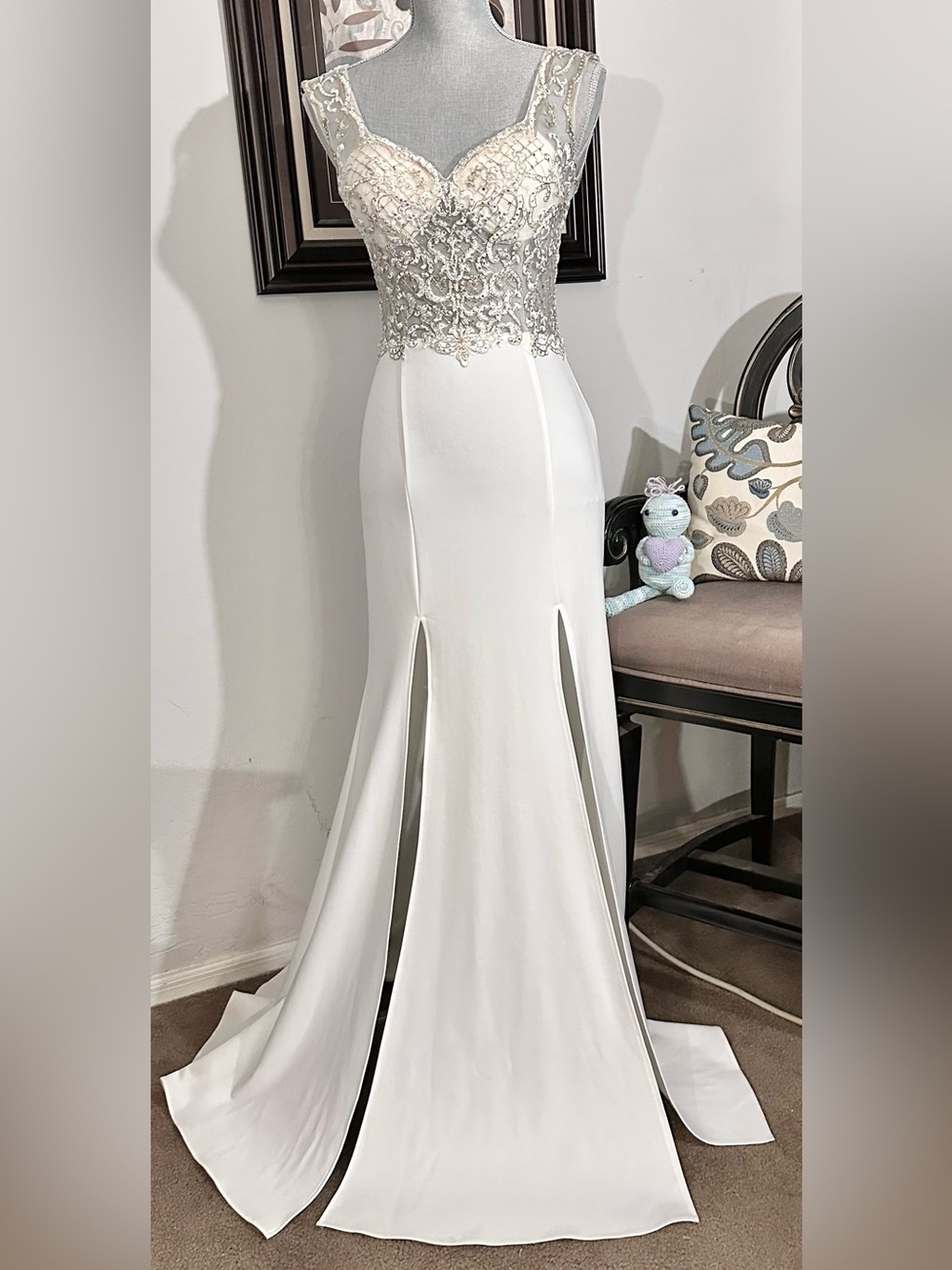 White by Soiblu Crystal Beaded Illusion Bodice Formal Gown. In Antique White